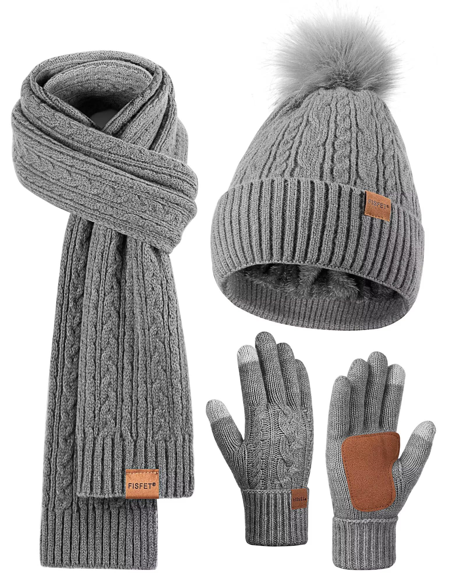Winter Beanie Hat Scarf Gloves Set for Women, Pom Pom Beanie Fleece Lined Knit Neck Warmer Touchscreen Gloves 3 in 1 Gift Set